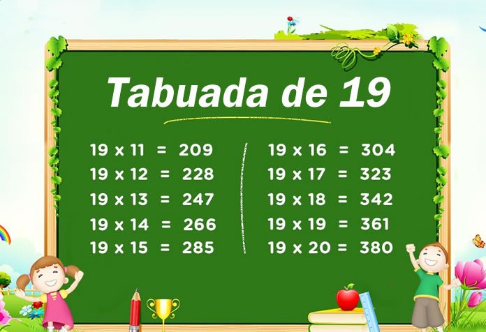 Tabuada do 19 vezes 10 a 20