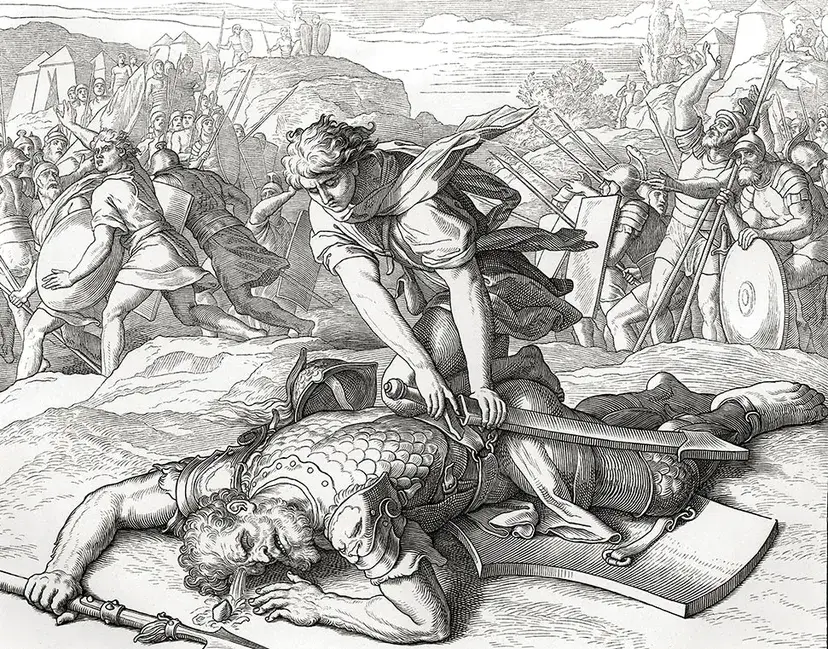 Esta ilustração mostra Davi prestes a cortar a cabeça do gigante