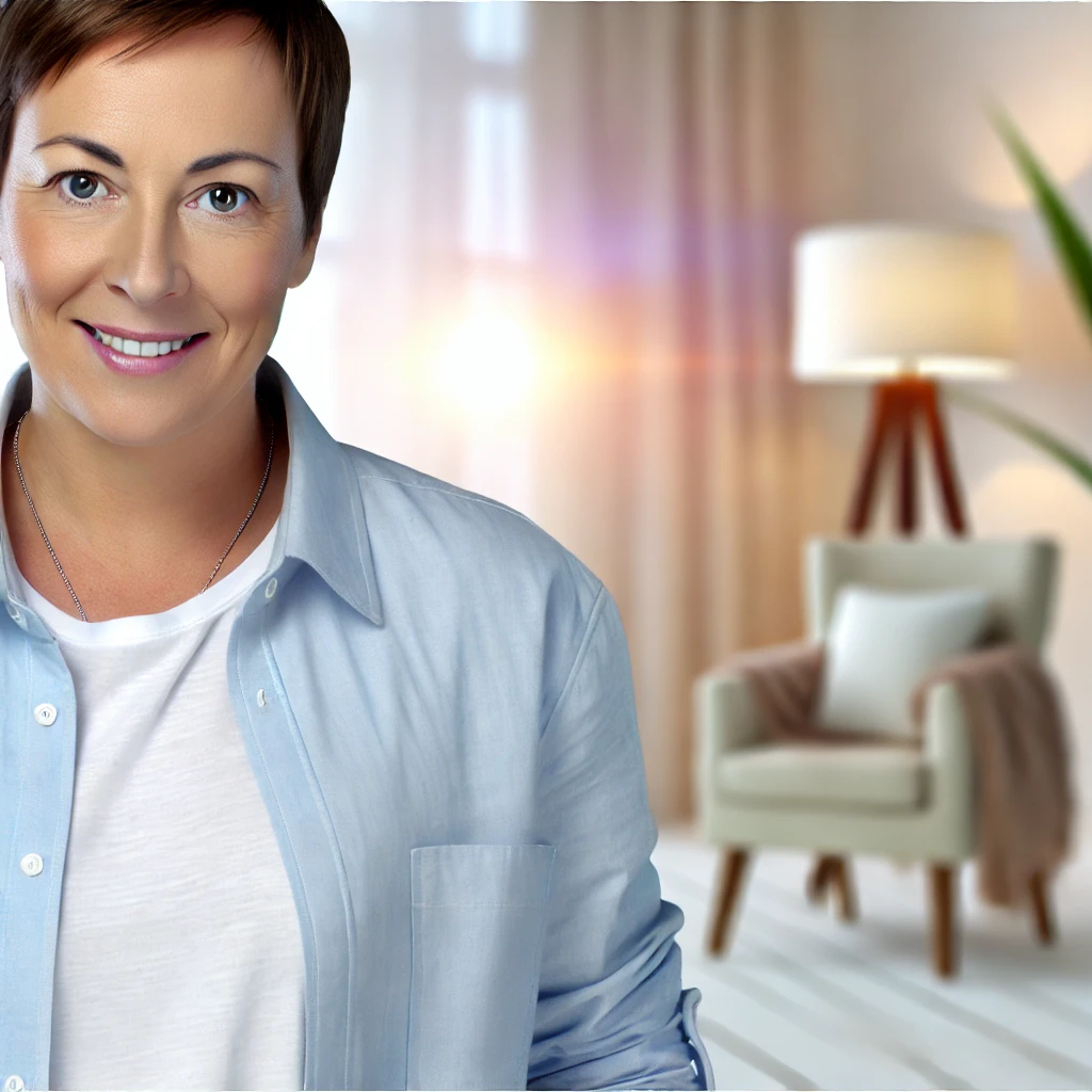 DALL·E 2024 08 06 00.21.32 A friendly looking person with a warm smile and gentle eyes dressed casually and comfortably. The person is in a bright and welcoming environment wit