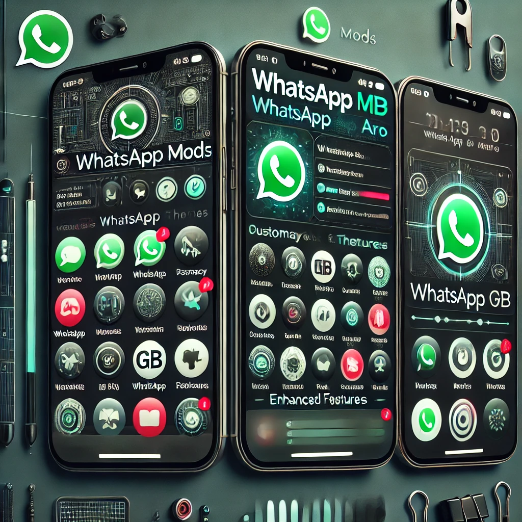 DALL·E 2024 08 13 01.52.24 An image showcasing the theme of WhatsApp mods highlighting WhatsApp GB and WhatsApp Aero. The image should feature smartphone screens displaying the