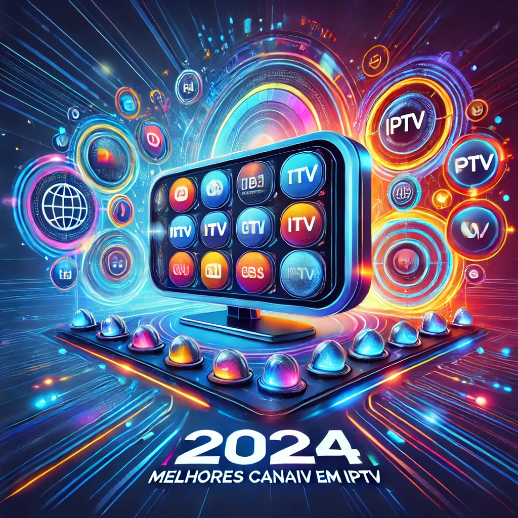 DALL·E 2024 08 13 21.54.01 A vibrant digital illustration representing Os Melhores Canais IPTV em 2024. The image features a futuristic TV screen with a sleek interface displa