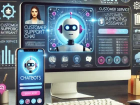 Como Melhorar o Atendimento do Seu E-commerce com Novas Tecnologias 8 DALL·E 2024 08 06 13.29.19 A modern e commerce interface displayed on a large computer screen showing a customer support chat window and a virtual shopping assistant. The scene