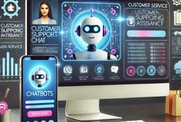 Como Melhorar o Atendimento do Seu E-commerce com Novas Tecnologias 3 DALL·E 2024 08 06 13.29.19 A modern e commerce interface displayed on a large computer screen showing a customer support chat window and a virtual shopping assistant. The scene