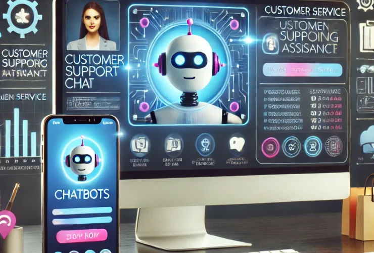 DALL·E 2024 08 06 13.29.19 A modern e commerce interface displayed on a large computer screen showing a customer support chat window and a virtual shopping assistant. The scene