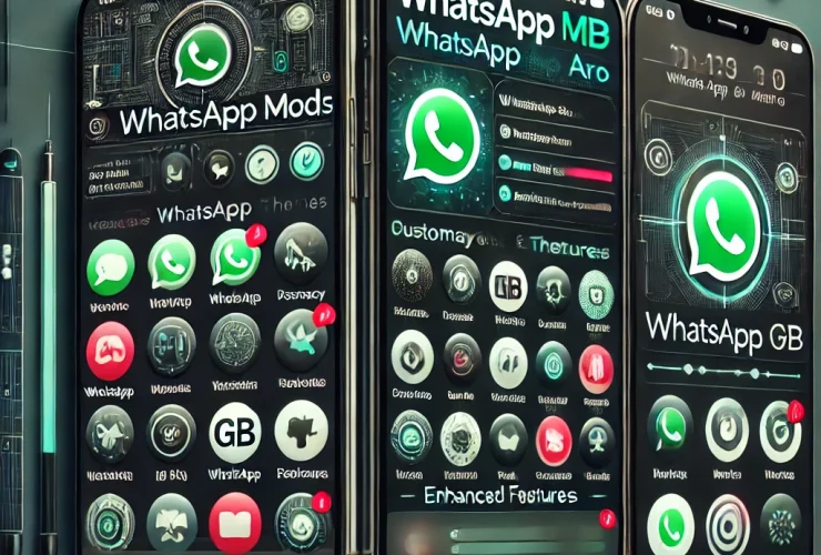 DALL·E 2024 08 13 01.52.24 An image showcasing the theme of WhatsApp mods highlighting WhatsApp GB and WhatsApp Aero. The image should feature smartphone screens displaying the