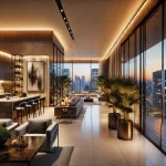 DALL·E 2024 11 07 16.51.36 A luxurious apartment in São Paulo with modern Brazilian design featuring large glass windows showcasing a stunning view of the city skyline at dusk