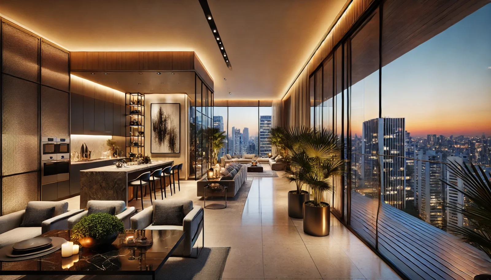 DALL·E 2024 11 07 16.51.36 A luxurious apartment in São Paulo with modern Brazilian design featuring large glass windows showcasing a stunning view of the city skyline at dusk