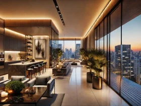 DALL·E 2024 11 07 16.51.36 A luxurious apartment in São Paulo with modern Brazilian design featuring large glass windows showcasing a stunning view of the city skyline at dusk