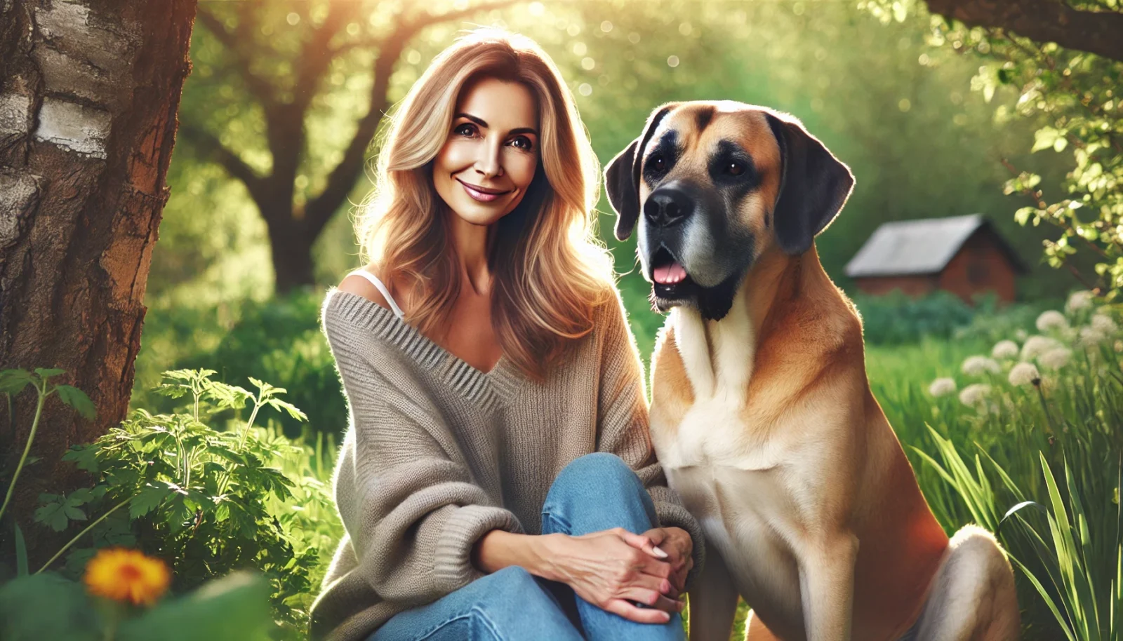 DALL·E 2024 11 12 12.52.30 A horizontal image of a woman in a natural serene outdoor setting with a friendly medium sized dog beside her. The woman has a gentle smile and is