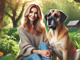 DALL·E 2024 11 12 12.52.30 A horizontal image of a woman in a natural serene outdoor setting with a friendly medium sized dog beside her. The woman has a gentle smile and is