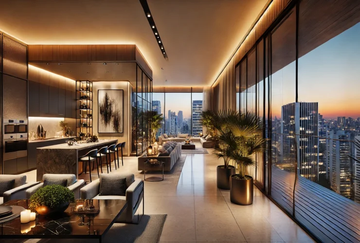 DALL·E 2024 11 07 16.51.36 A luxurious apartment in São Paulo with modern Brazilian design featuring large glass windows showcasing a stunning view of the city skyline at dusk