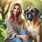 DALL·E 2024 11 12 12.52.30 A horizontal image of a woman in a natural serene outdoor setting with a friendly medium sized dog beside her. The woman has a gentle smile and is