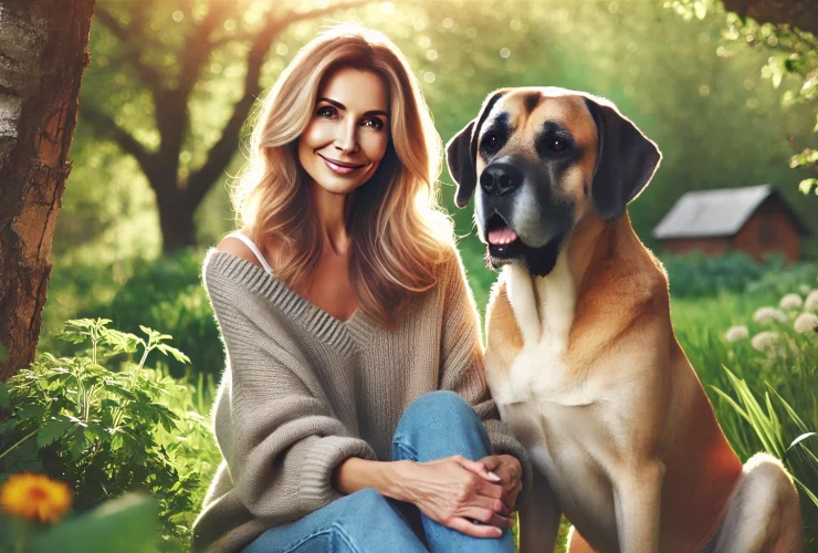 DALL·E 2024 11 12 12.52.30 A horizontal image of a woman in a natural serene outdoor setting with a friendly medium sized dog beside her. The woman has a gentle smile and is