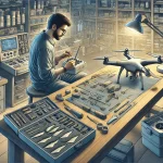 DALL·E 2024 12 02 18.36.40 A detailed horizontal illustration of a drone maintenance scene in a workshop setting. A technician is working on a drone carefully inspecting its pa
