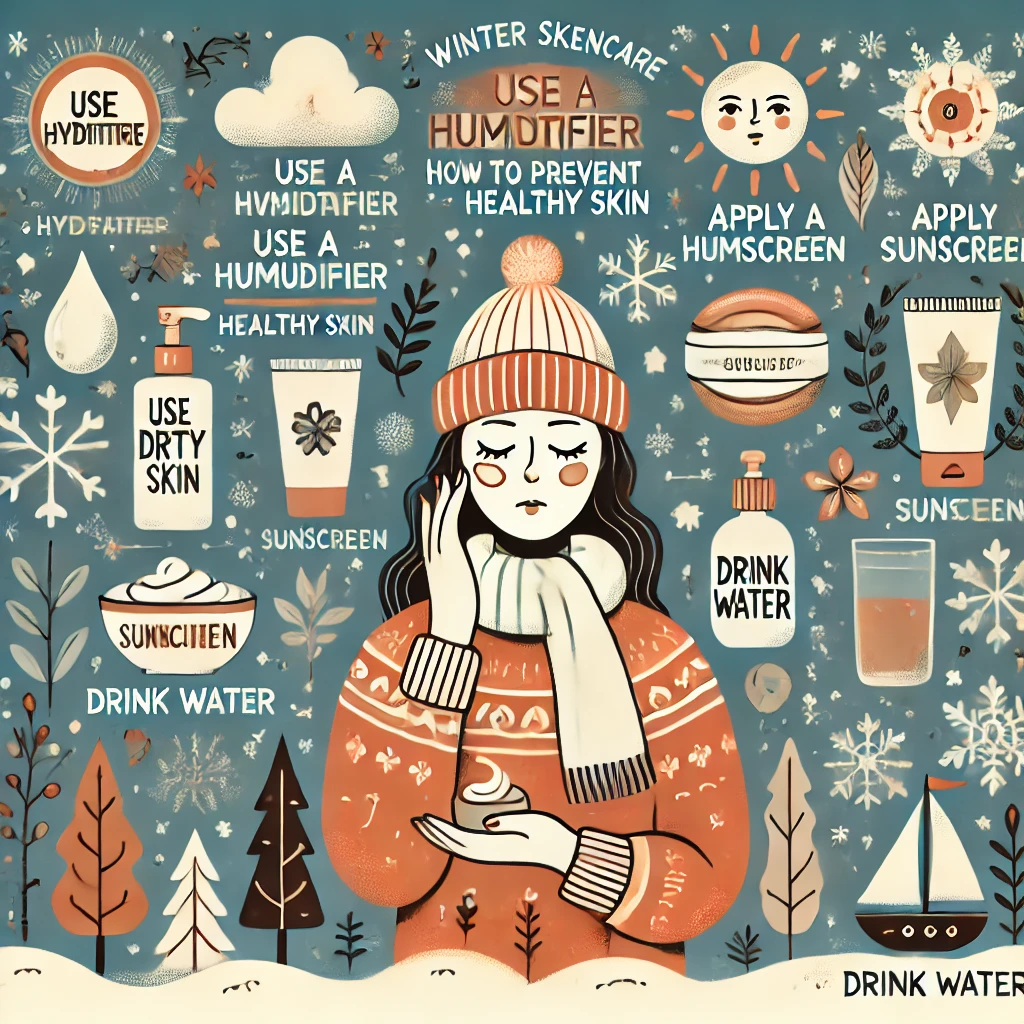 DALL·E 2024 12 19 13.32.11 An informative illustration titled Winter Skincare How to Prevent Dryness and Maintain Healthy Skin featuring a person applying moisturizer in a co