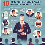 DALL·E 2024 12 19 13.33.47 An informative illustration titled 10 Tips to Help You Speak in Public Without Stuttering featuring a confident speaker addressing an audience in a 1 1
