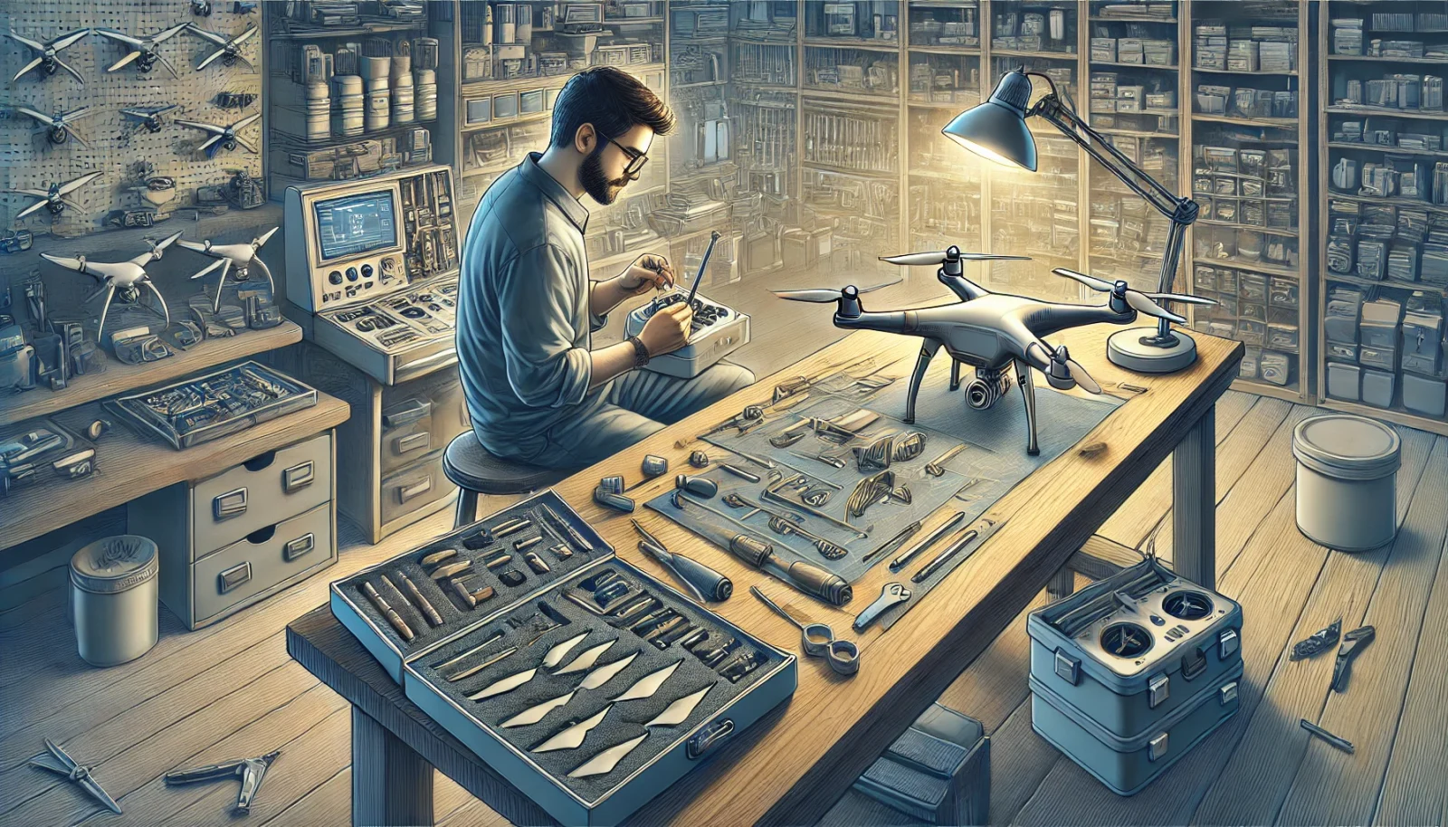 Manutenção de Drone: Saiba Como Evitar Problemas Comuns 25 DALL·E 2024 12 02 18.36.40 A detailed horizontal illustration of a drone maintenance scene in a workshop setting. A technician is working on a drone carefully inspecting its pa