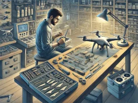 Manutenção de Drone: Saiba Como Evitar Problemas Comuns 11 DALL·E 2024 12 02 18.36.40 A detailed horizontal illustration of a drone maintenance scene in a workshop setting. A technician is working on a drone carefully inspecting its pa