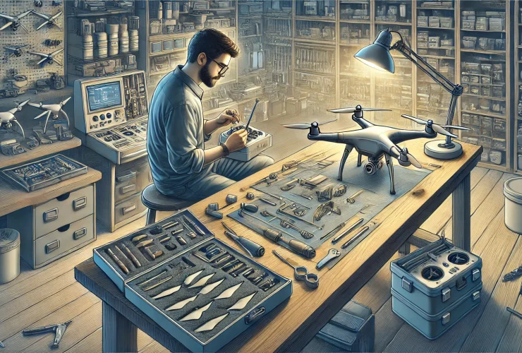 DALL·E 2024 12 02 18.36.40 A detailed horizontal illustration of a drone maintenance scene in a workshop setting. A technician is working on a drone carefully inspecting its pa