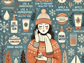 DALL·E 2024 12 19 13.32.11 An informative illustration titled Winter Skincare How to Prevent Dryness and Maintain Healthy Skin featuring a person applying moisturizer in a co