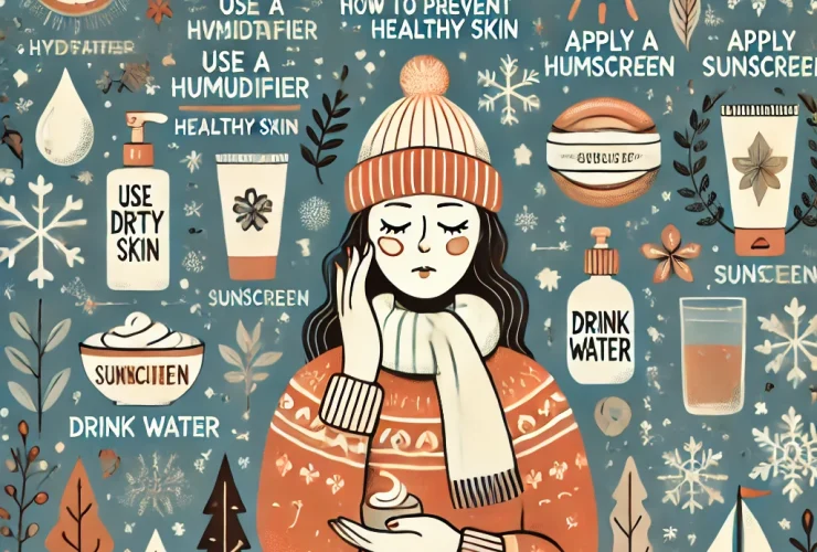 DALL·E 2024 12 19 13.32.11 An informative illustration titled Winter Skincare How to Prevent Dryness and Maintain Healthy Skin featuring a person applying moisturizer in a co