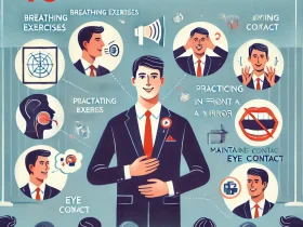 DALL·E 2024 12 19 13.33.47 An informative illustration titled 10 Tips to Help You Speak in Public Without Stuttering featuring a confident speaker addressing an audience in a