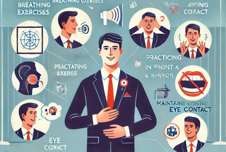 DALL·E 2024 12 19 13.33.47 An informative illustration titled 10 Tips to Help You Speak in Public Without Stuttering featuring a confident speaker addressing an audience in a 1 1