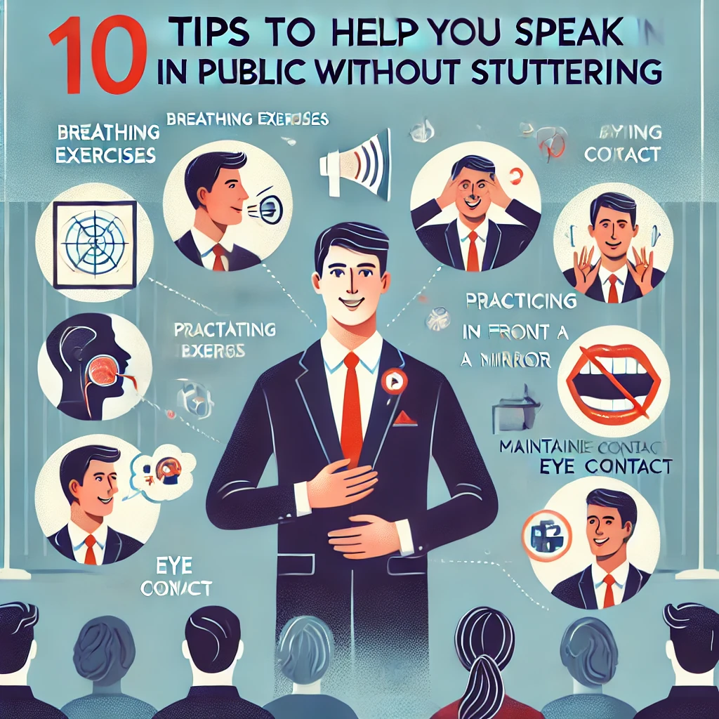 DALL·E 2024 12 19 13.33.47 An informative illustration titled 10 Tips to Help You Speak in Public Without Stuttering featuring a confident speaker addressing an audience in a 1 1