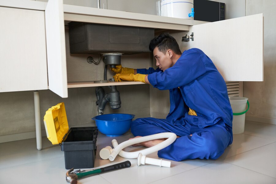 asian plumber blue overalls clearing blockage drain 1098 17773 1