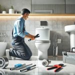 batch DALL·E 2024 12 18 09.11.35 A professional plumber in a clean uniform skillfully using plumbing tools to unclog a modern toilet in a well lit tidy bathroom. The scene is highly