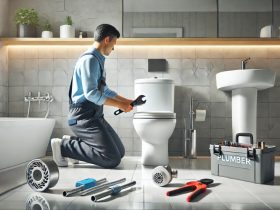 batch DALL·E 2024 12 18 09.11.35 A professional plumber in a clean uniform skillfully using plumbing tools to unclog a modern toilet in a well lit tidy bathroom. The scene is highly