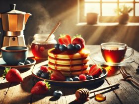 batch DALL·E 2024 12 25 10.27.02 A warm and cozy breakfast scene featuring a stack of golden fluffy pancakes topped with fresh fruits like strawberries and blueberries drizzled with