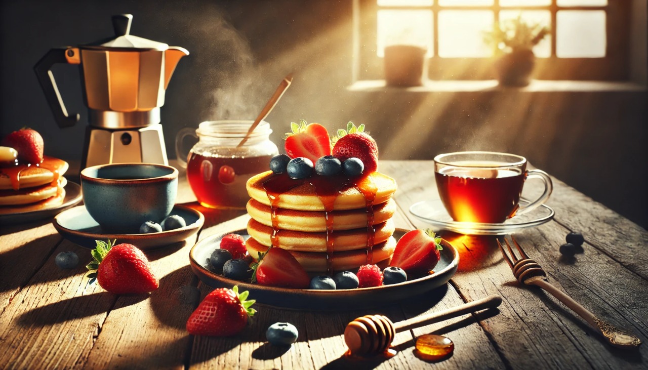 batch DALL·E 2024 12 25 10.27.02 A warm and cozy breakfast scene featuring a stack of golden fluffy pancakes topped with fresh fruits like strawberries and blueberries drizzled with