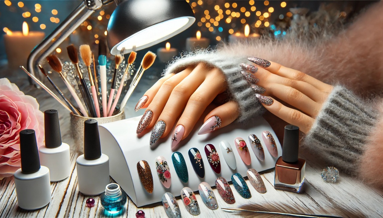 O que é unha de gel decorada? 1 batch DALL·E 2024 12 25 11.07.04 A creative nail salon setup featuring a close up of beautifully decorated gel nails on a hand resting on a table. The nails showcase various designs l