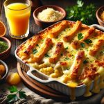 batch DALL·E 2024 12 25 11.35.38 A deliciously plated fricassê de frango with creamy texture golden cheese topping and crispy potato sticks on a rustic wooden table. The dish is pre