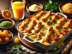 batch DALL·E 2024 12 25 11.35.38 A deliciously plated fricassê de frango with creamy texture golden cheese topping and crispy potato sticks on a rustic wooden table. The dish is pre