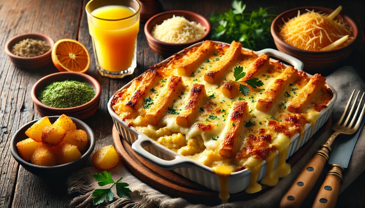 batch DALL·E 2024 12 25 11.35.38 A deliciously plated fricassê de frango with creamy texture golden cheese topping and crispy potato sticks on a rustic wooden table. The dish is pre