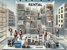 batch DALL·E 2024 12 16 12.49.52 A wide image depicting a professional construction site with various scaffolding systems andaimes set up for rental purposes. The scene includes wor