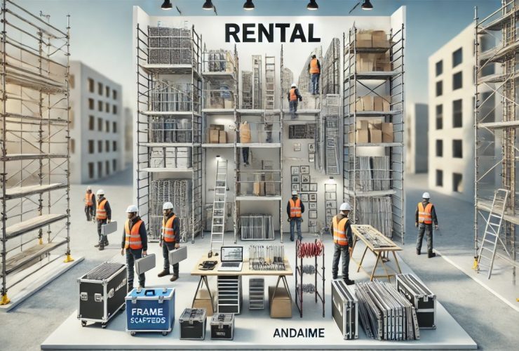 batch DALL·E 2024 12 16 12.49.52 A wide image depicting a professional construction site with various scaffolding systems andaimes set up for rental purposes. The scene includes wor