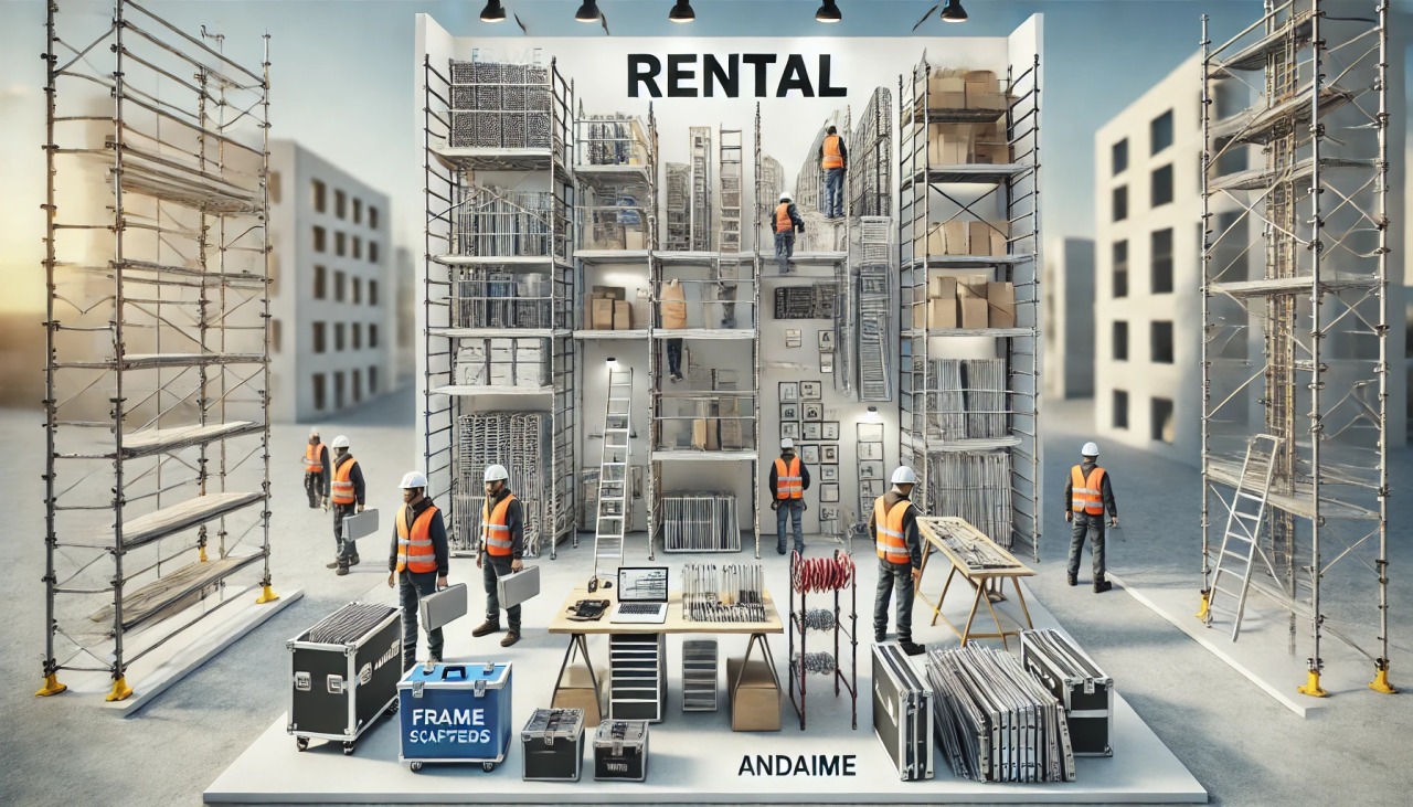 Aluguel de Andaimes com Segurança e Economia: Tudo o que Você Precisa Saber 36 batch DALL·E 2024 12 16 12.49.52 A wide image depicting a professional construction site with various scaffolding systems andaimes set up for rental purposes. The scene includes wor