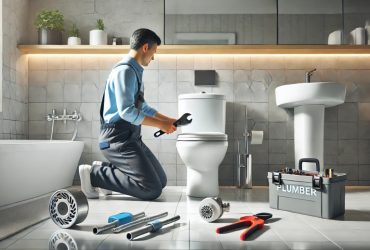 Por que meu vaso sanitário entope frequentemente? 4 batch DALL·E 2024 12 18 09.11.35 A professional plumber in a clean uniform skillfully using plumbing tools to unclog a modern toilet in a well lit tidy bathroom. The scene is highly