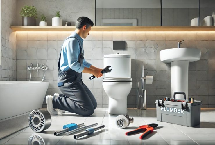 batch DALL·E 2024 12 18 09.11.35 A professional plumber in a clean uniform skillfully using plumbing tools to unclog a modern toilet in a well lit tidy bathroom. The scene is highly