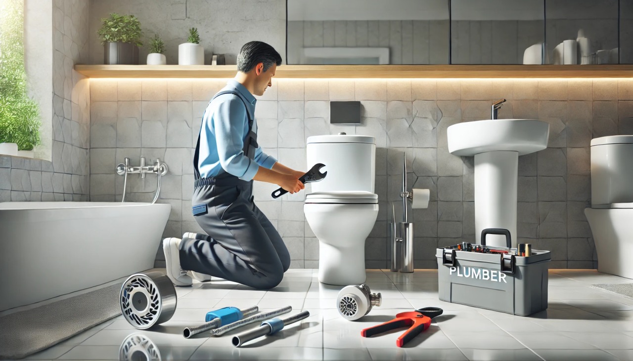 Por que meu vaso sanitário entope frequentemente? 34 batch DALL·E 2024 12 18 09.11.35 A professional plumber in a clean uniform skillfully using plumbing tools to unclog a modern toilet in a well lit tidy bathroom. The scene is highly