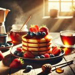 batch DALL·E 2024 12 25 10.27.02 A warm and cozy breakfast scene featuring a stack of golden fluffy pancakes topped with fresh fruits like strawberries and blueberries drizzled with