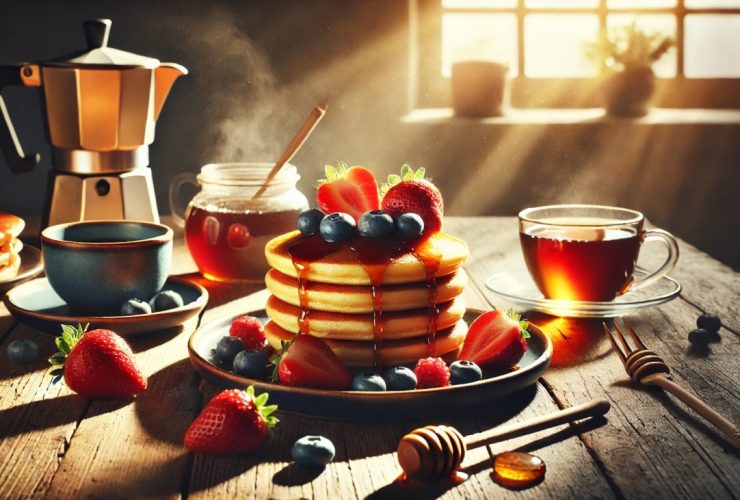 batch DALL·E 2024 12 25 10.27.02 A warm and cozy breakfast scene featuring a stack of golden fluffy pancakes topped with fresh fruits like strawberries and blueberries drizzled with