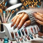 batch DALL·E 2024 12 25 11.07.04 A creative nail salon setup featuring a close up of beautifully decorated gel nails on a hand resting on a table. The nails showcase various designs l