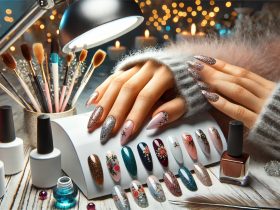 batch DALL·E 2024 12 25 11.07.04 A creative nail salon setup featuring a close up of beautifully decorated gel nails on a hand resting on a table. The nails showcase various designs l