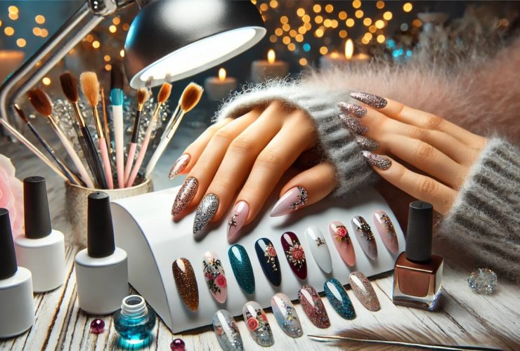 batch DALL·E 2024 12 25 11.07.04 A creative nail salon setup featuring a close up of beautifully decorated gel nails on a hand resting on a table. The nails showcase various designs l