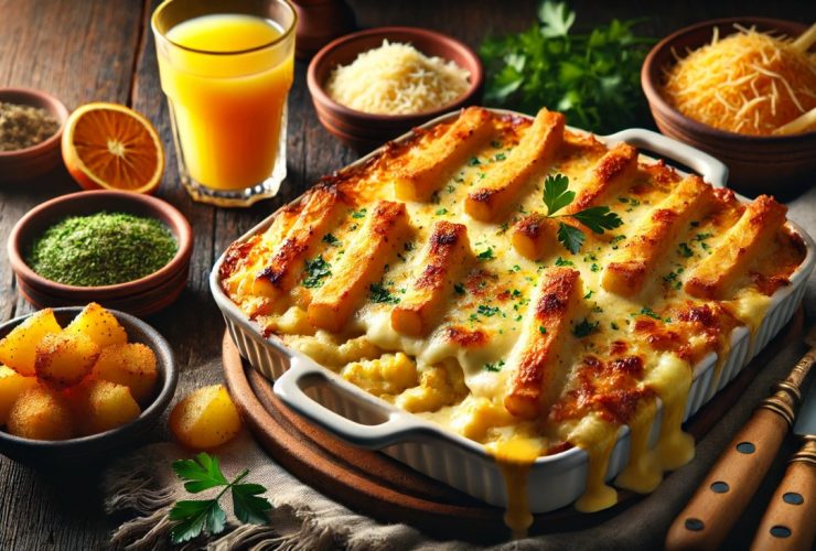 batch DALL·E 2024 12 25 11.35.38 A deliciously plated fricassê de frango with creamy texture golden cheese topping and crispy potato sticks on a rustic wooden table. The dish is pre