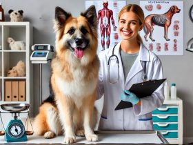Como escolher o melhor plano de saúde para meu animal de estimação 9 batch DALL·E 2024 12 26 11.15.12 A horizontal image of a friendly dog at a veterinarians office. The scene includes the dog sitting on an examination table a smiling veterinarian in
